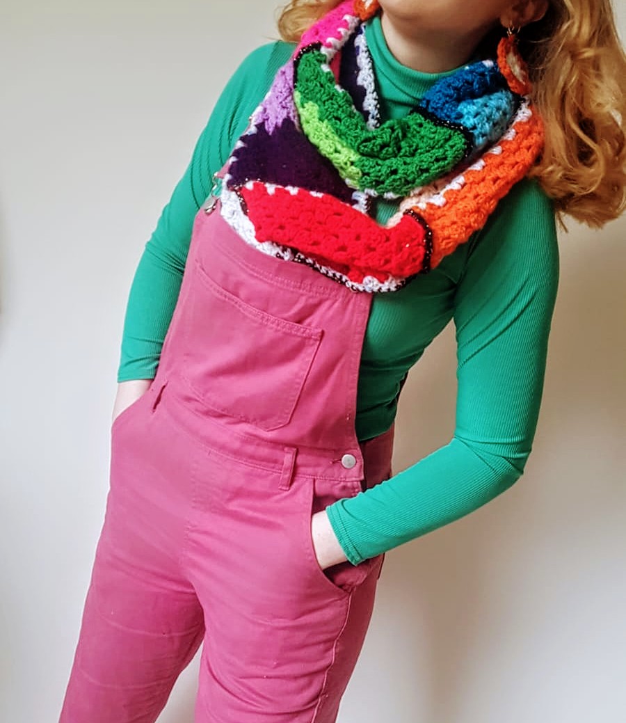 boohoo dungarees, rainbow crochet scarf