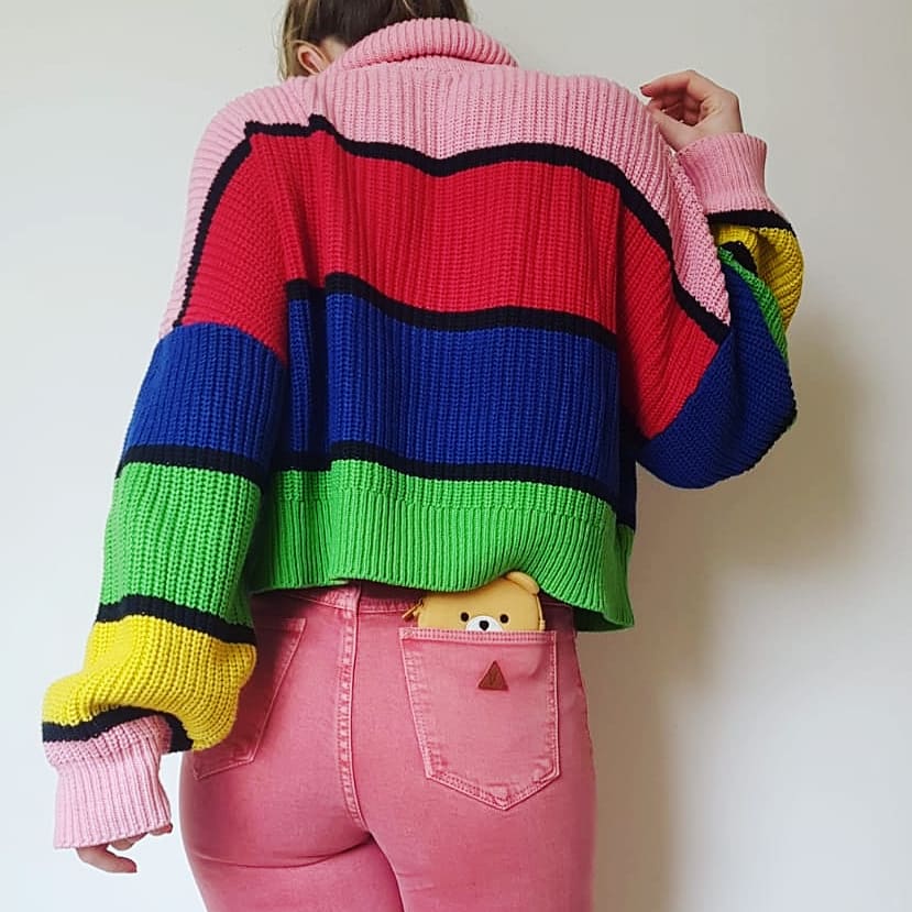 Lazy Oaf Rainbow jumper, bright striped knitted jumper with pink Abrand mom jeans