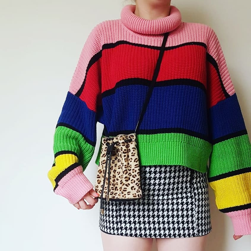 Topshop pouch bag, Topshop dogs tooth skirt, rainbow jumper