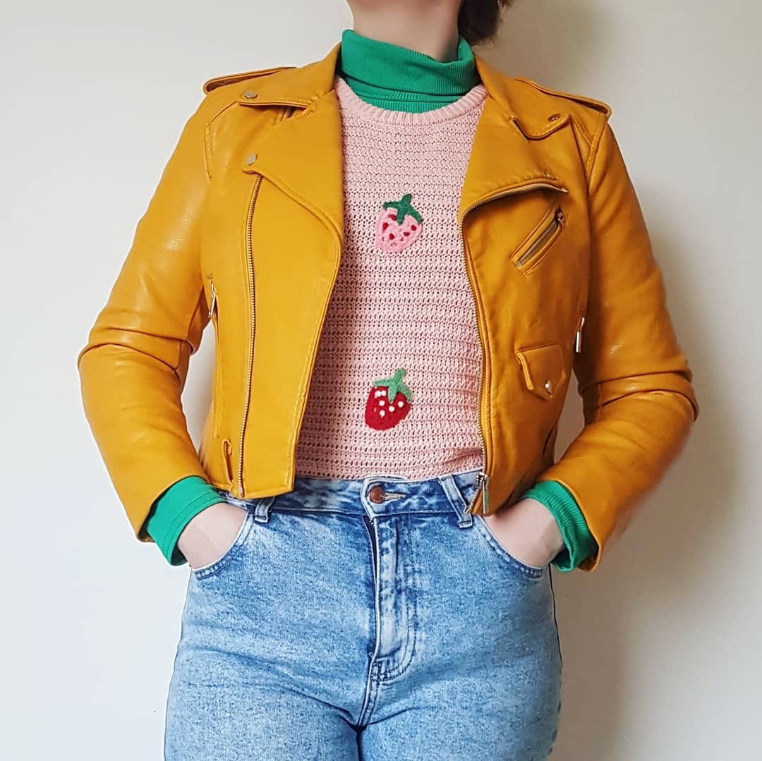 strawberry jumper, zara mustard jacket