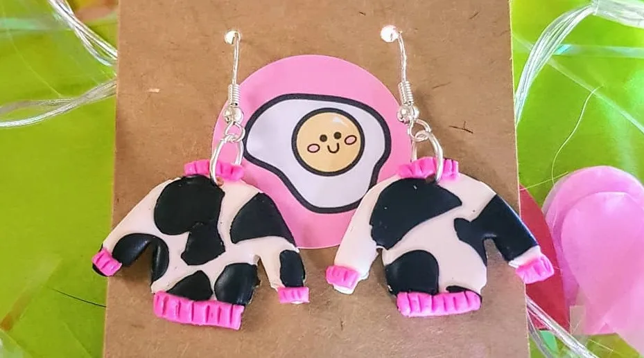 cow print polymer clay jumper earrings wearably weird
