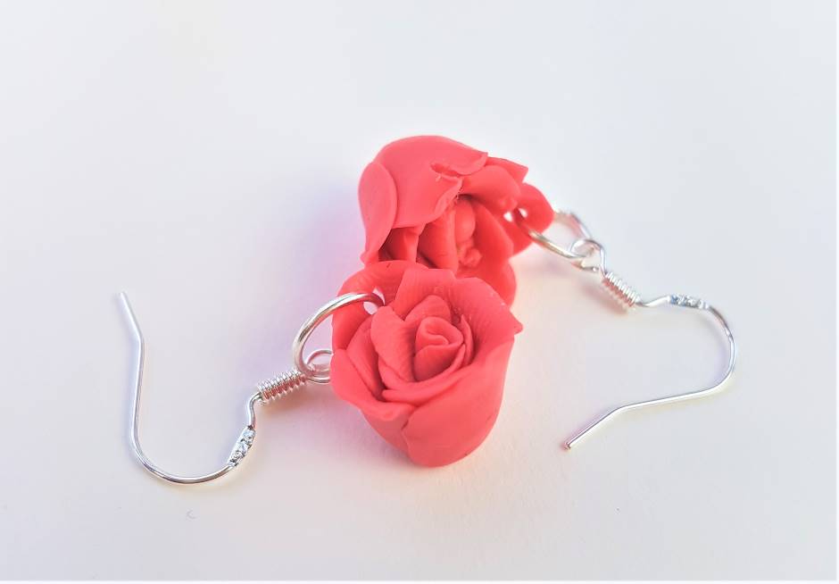 Black & Pink earrings Floral earrings Polymer clay earrings Round clay earrings UK clay earrings