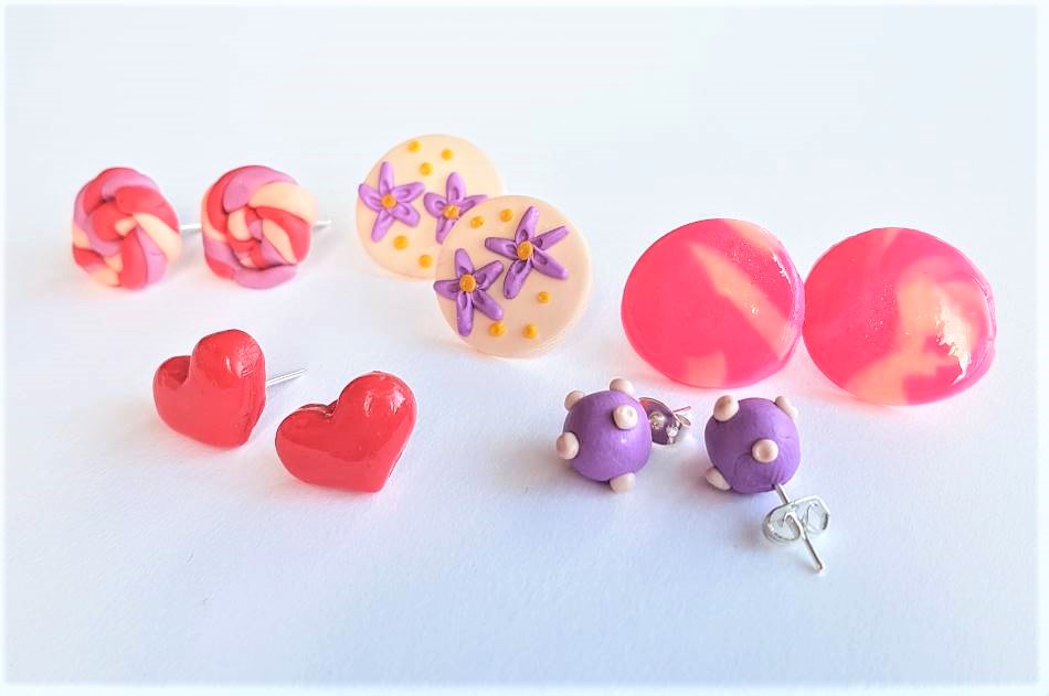 Pink and Purple Terrazzo Valentine's Day Stud Packs Polymer Clay Earrings Red Hearts