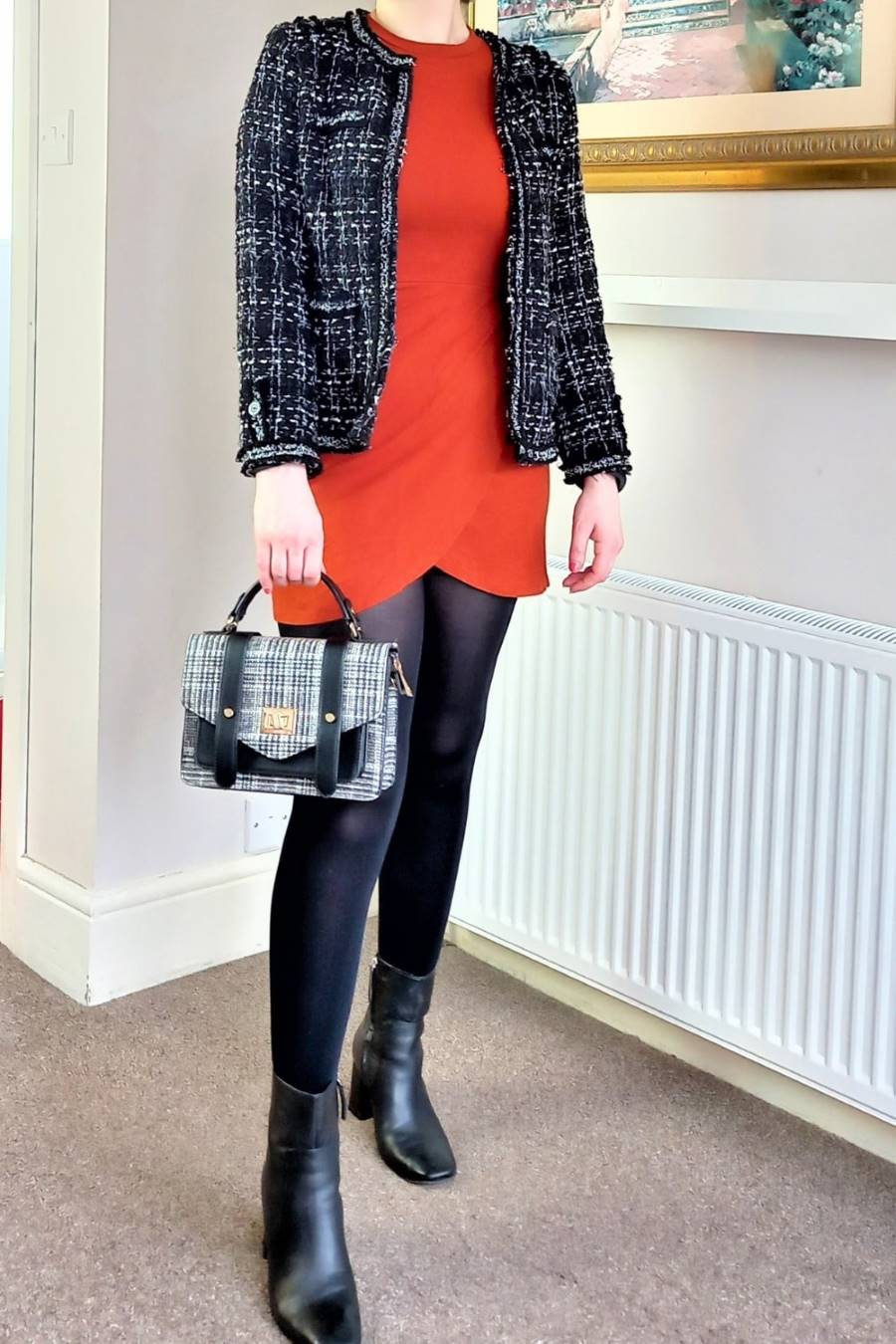 Orange dress and boucle jacket, summer dress for work in winter