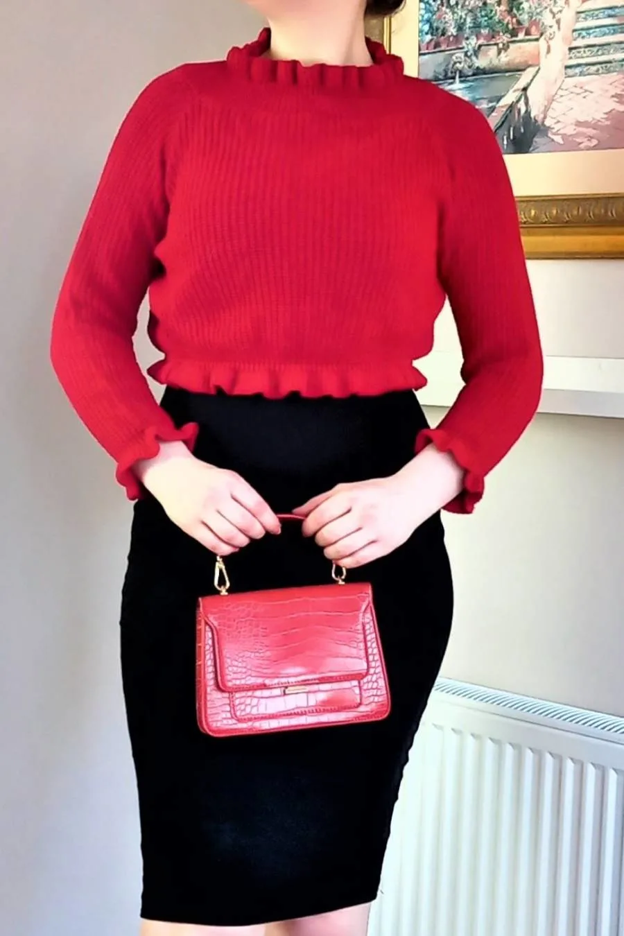 Red cropped jumper and dress, Style Dresses in Winter