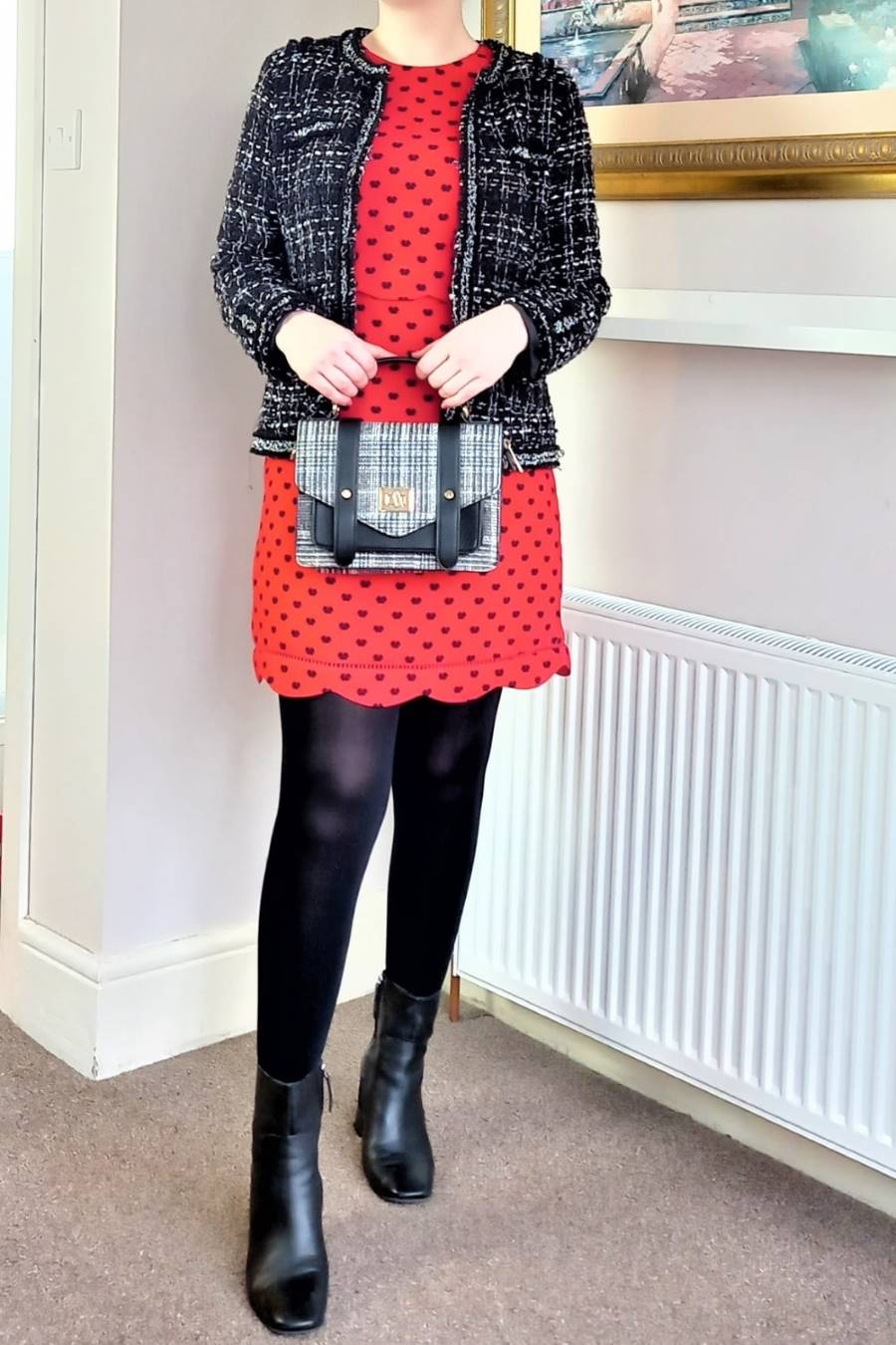 Red dress and boucle jacket, Style Dresses in Winter