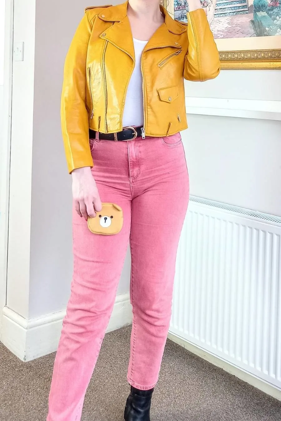 pink mom jeans, cropped jacket