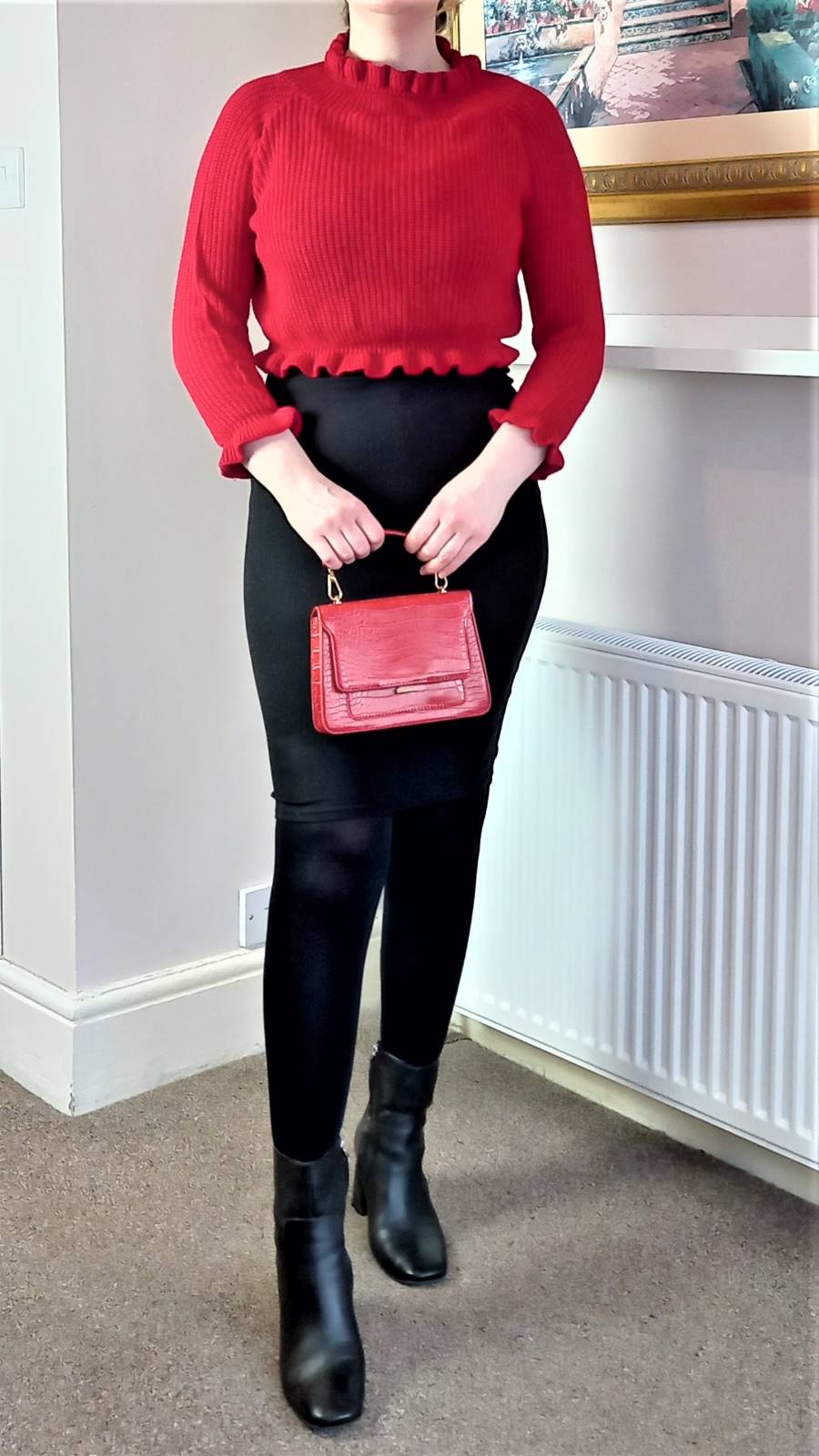Red cropped jumper black pencil skirt How to Wear Skirts in Winter