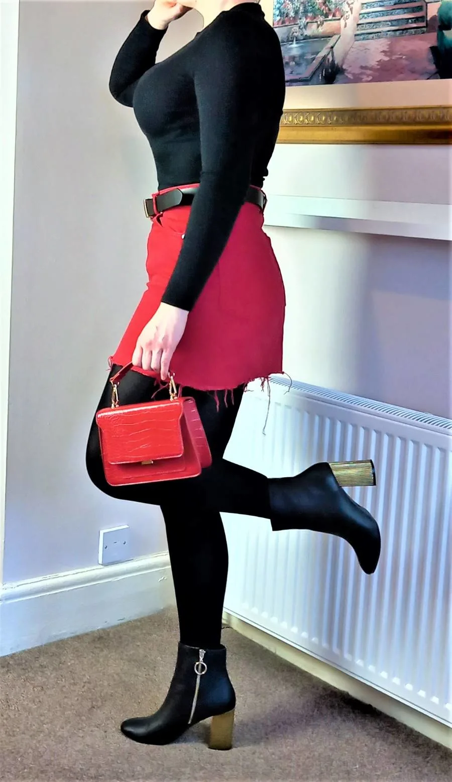 Red skirt black top, How to Wear Skirts in Winter