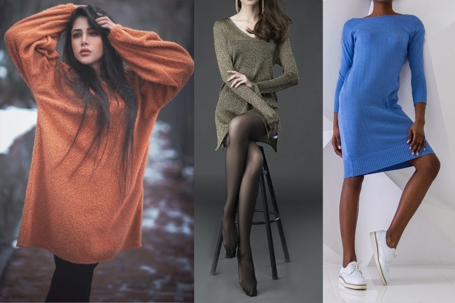 sweater dresses and tights, Winter Work From Home Outfits