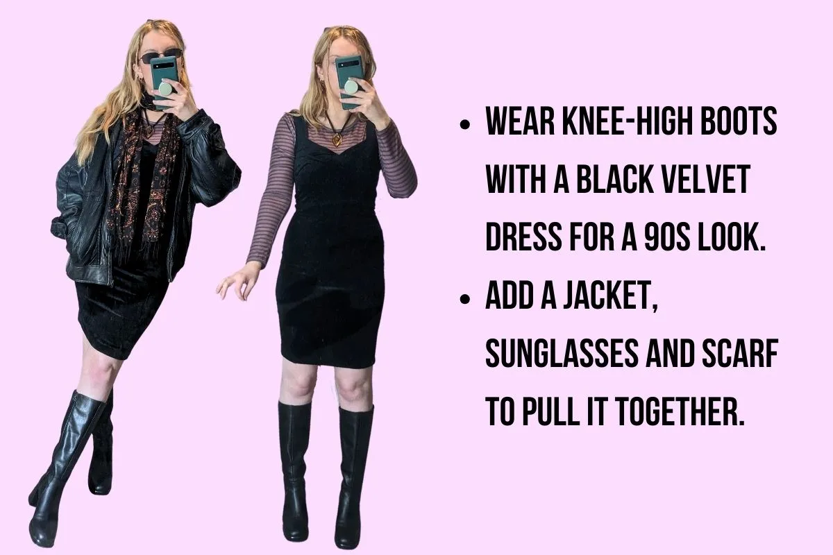 Velvet dress and knee high boots