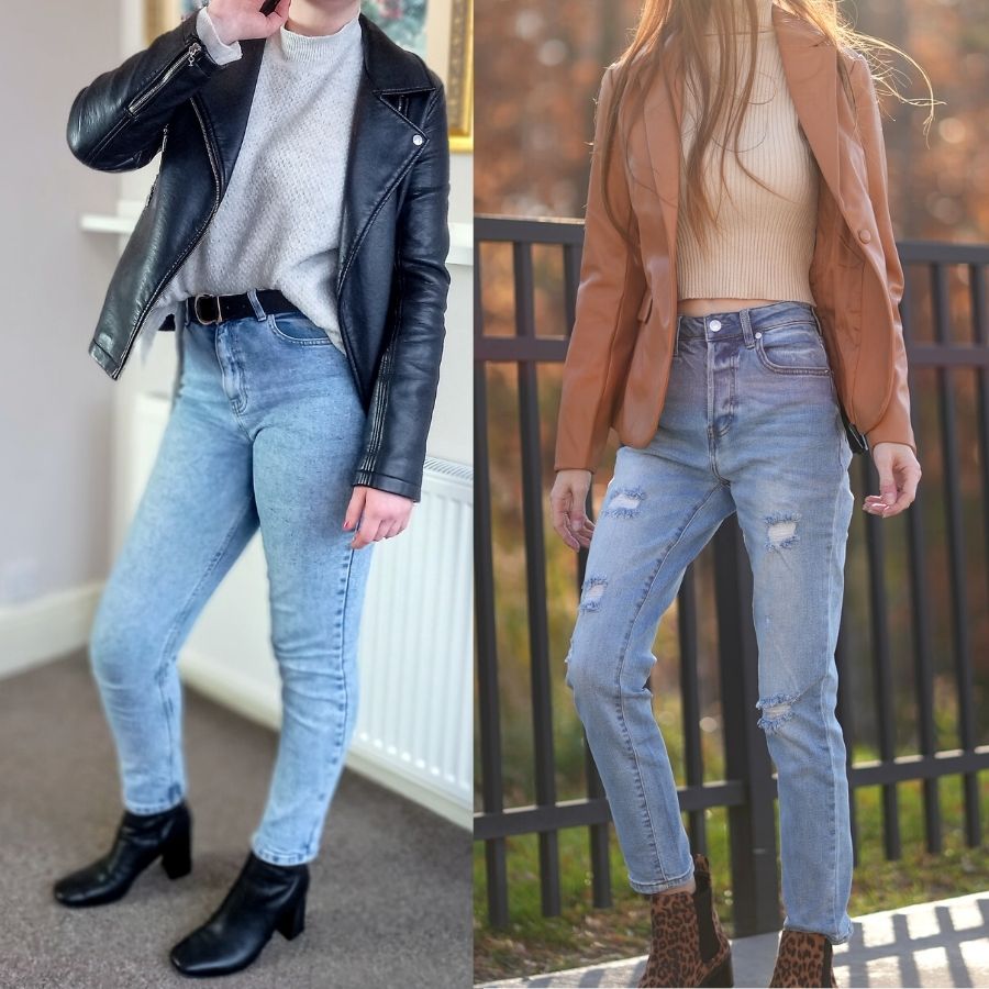 Mom jeans with a brown and black leather jacket