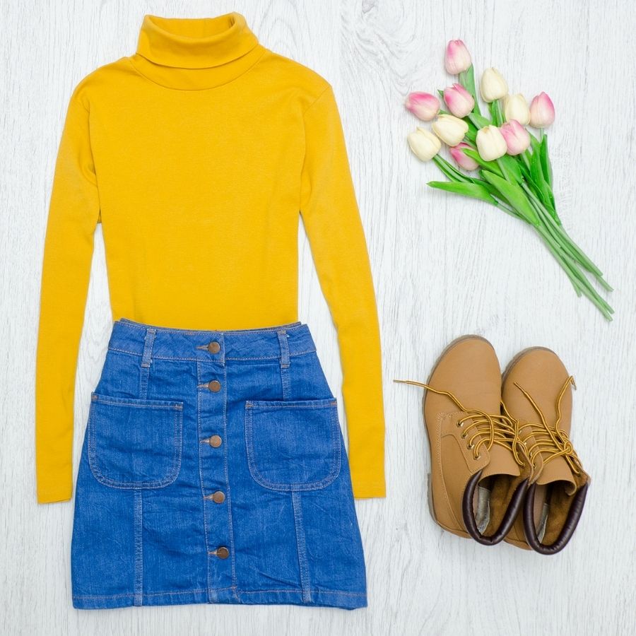 mustard turtleneck with denim skirt How to Wear a Turtleneck In the Fall