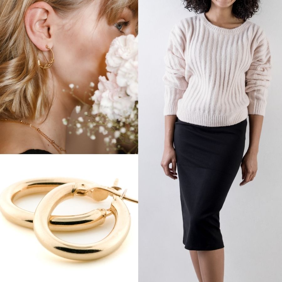 long skirt and cream jumper with gold hoop earrings