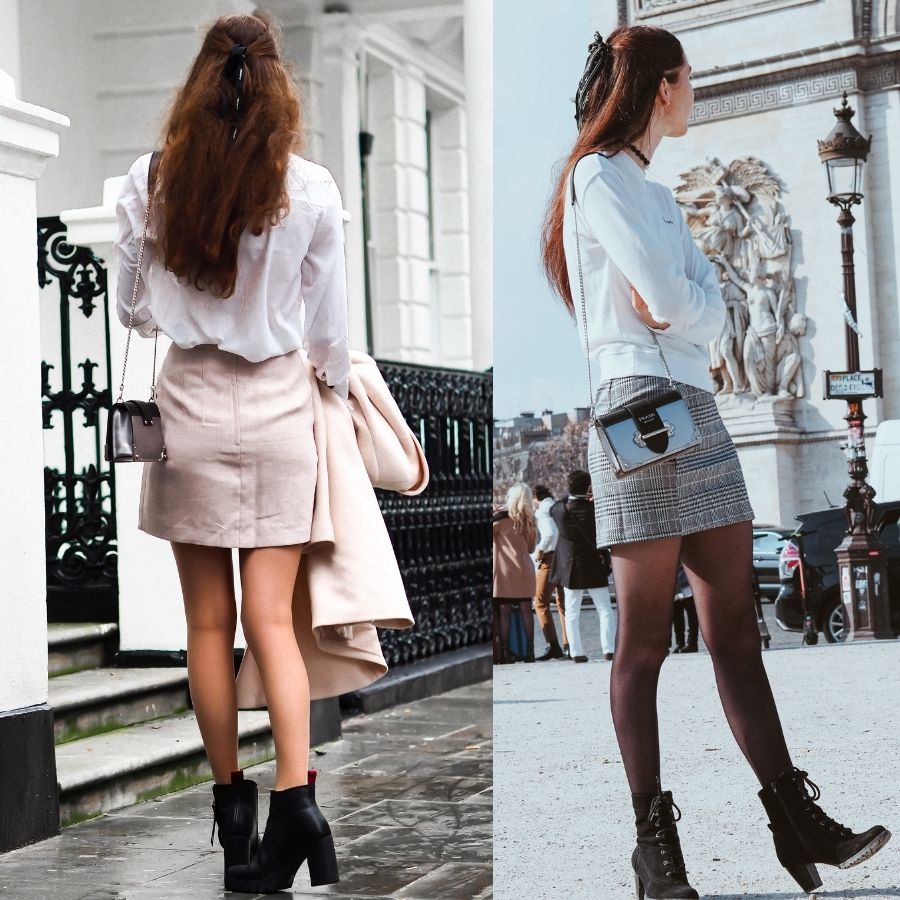 neutral toned mini skirts with white blouses