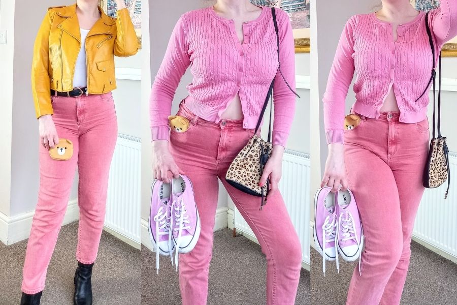 pink jeans, mustard jacket