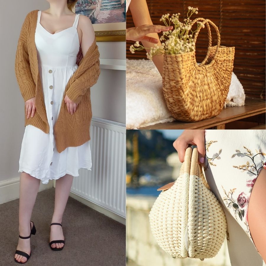 white midi dress with rattan bags