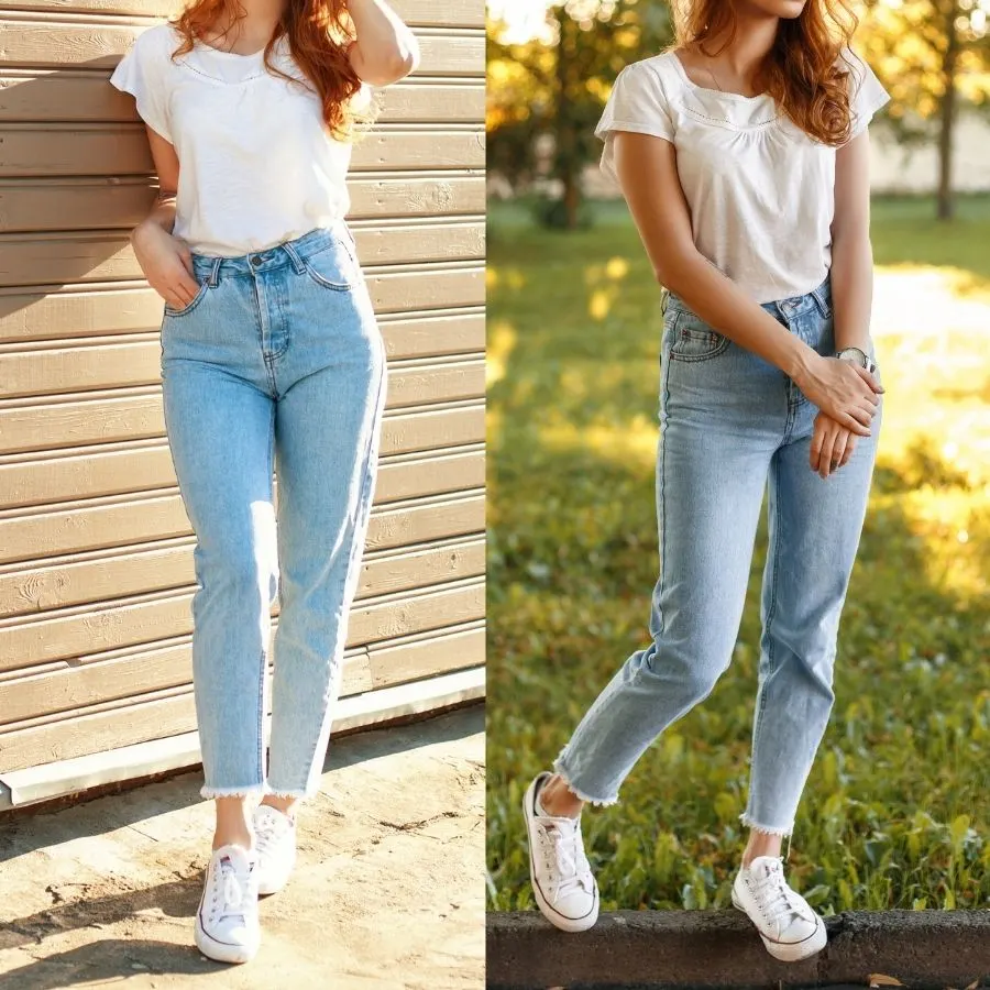 white sneakers and jeans