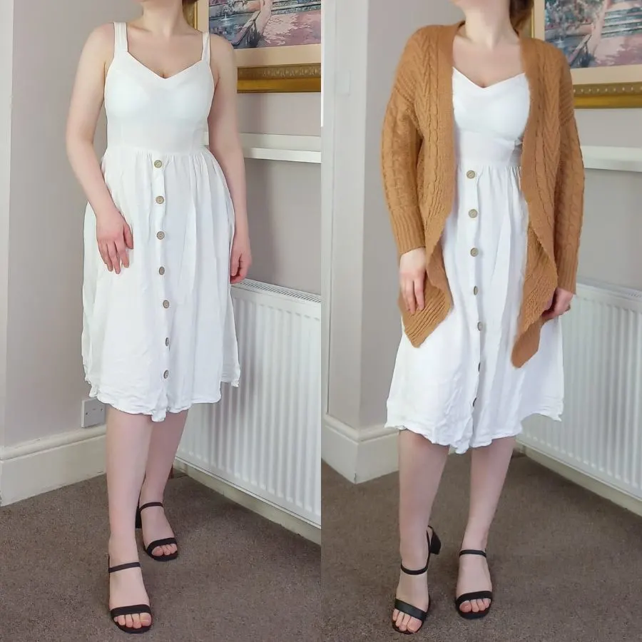 white summer dress with knitted cardigan