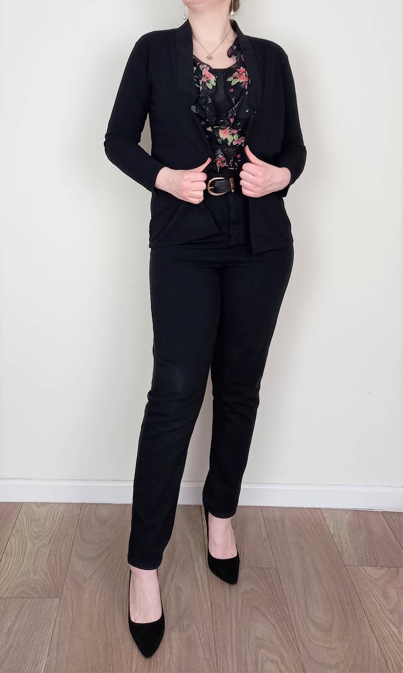Black blouse blazer and black mom jeans Winter Business Casual Women's