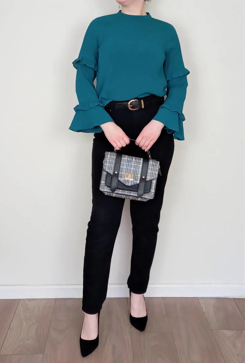 Green blouse black mom jeans Winter Business Casual Women's