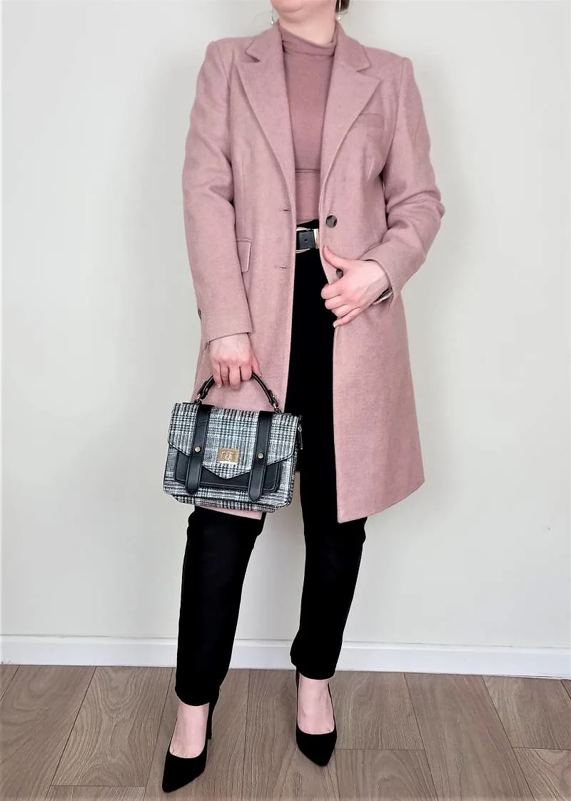 Pink turtleneck and pink coat black mom jeans Winter Business Casual Women's