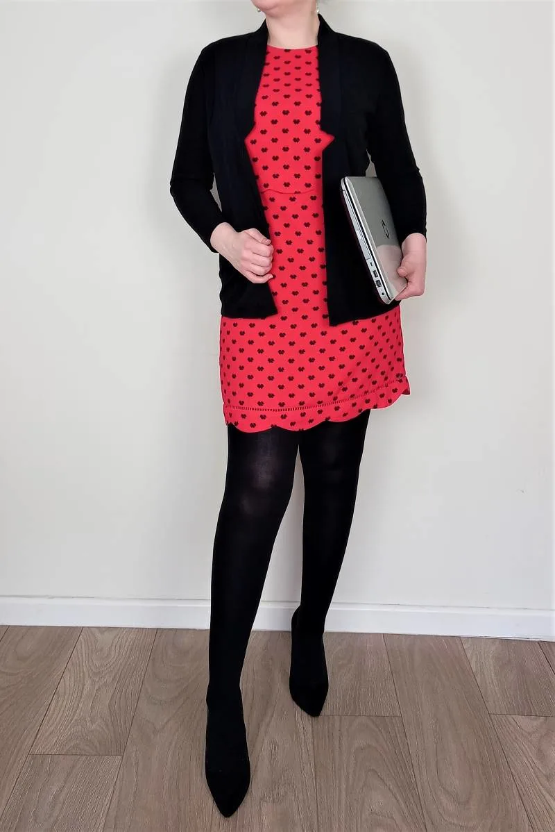 Red shift dress and black blazer Winter Business Casual Women's