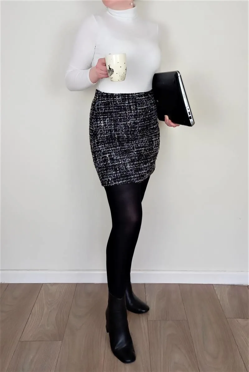 White turtleneck and tweed skirt Winter Business Casual Women's